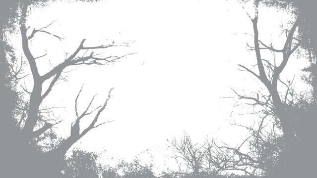 Winter forest with dead trees, Bare trees with branches on grunge background Artistic tree silhouette with bare branches in a grunge frame