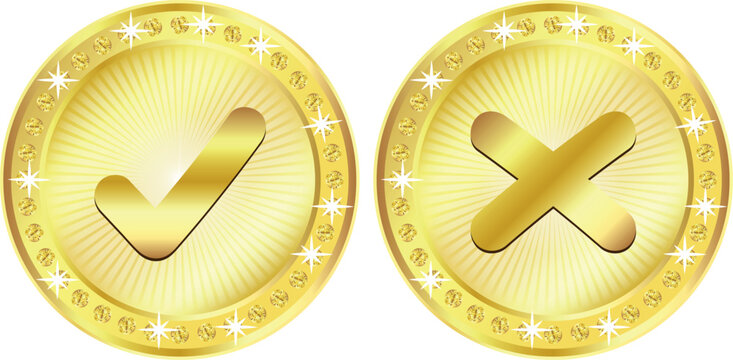 Gold checkmark and cross button icons set. Circular golden symbols with right and wrong signs, approval and rejection buttons, yes or no interface elements for app, web design, voting and verification