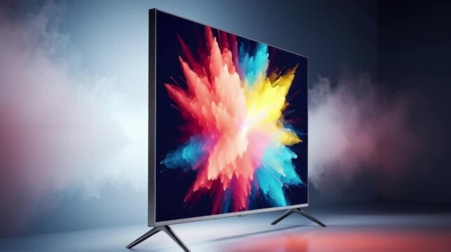 Modern flat-screen television displaying vibrant abstract light patterns with neon pink and blue hues in a dimly lit room.
