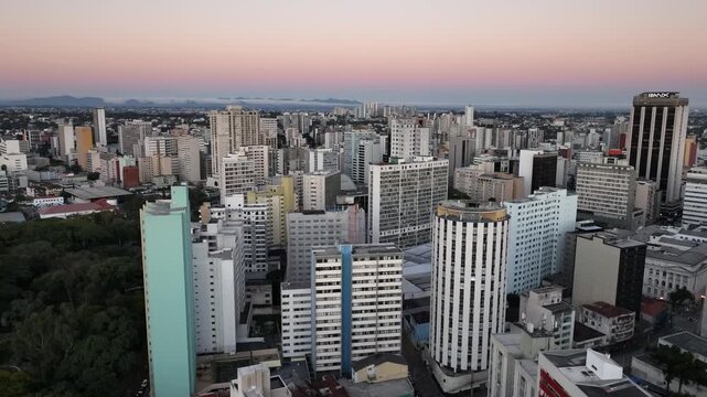 Downtown Curitiba, Paran&aacute;. Aerial view at sunset.