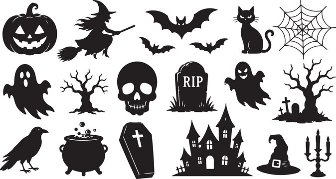 Set of black halloween icons featuring pumpkin witch bat cat ghost skull and castle