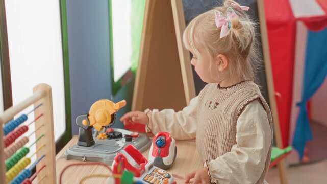 Little blonde girl turns a yellow toy saw and presses toy buttons on a wooden play table in a preschool building; quiet curiosity.