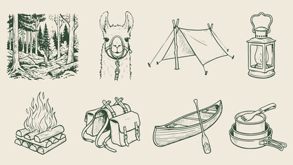 Camping and outdoor adventure illustration with forest llama tent lantern campfire backpack canoe and cooking pots on beige background © Abdul Waheed Studio