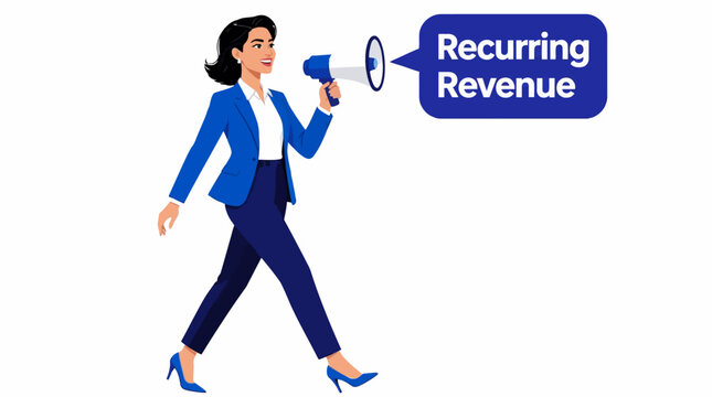 Businesswoman holding megaphone for recurring revenue announcement.