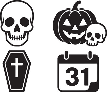 Set of black halloween icons with skull pumpkin coffin and october calendar date