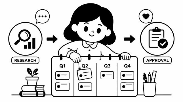Cartoon girl managing research and approval process workflow.