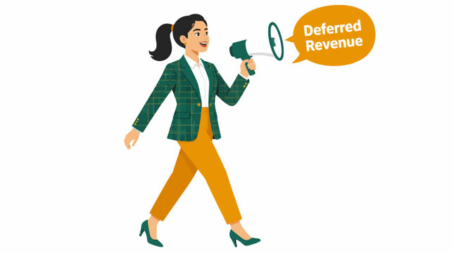 Businesswoman holding megaphone with deferred revenue text.