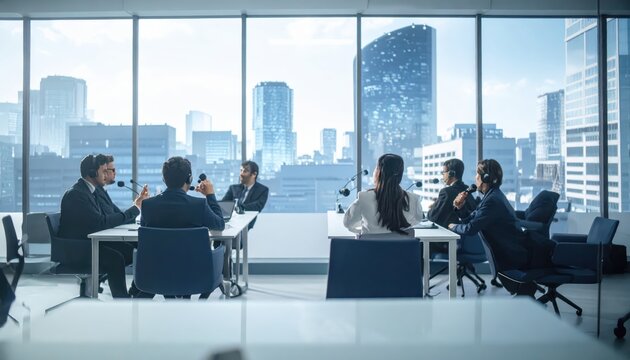 Professional interpreters facilitating communication with headsets and microphones in a modern business meeting