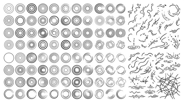 Water ripple circles and fluid disturbance vector icons with disturbance abstract minimalist movement splashing concentric