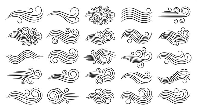 Set of hand drawn wind gust and air flow elements with movement illustration abstract meteorology atmosphere background
