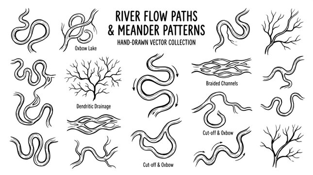Hand drawn river flow paths and meander patterns collection with geography dendritic drainage topography landform illustration