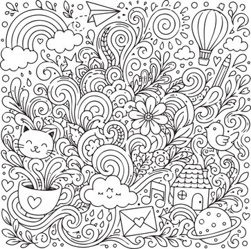 Black and white hand drawn doodle art pattern with cute elements and swirls