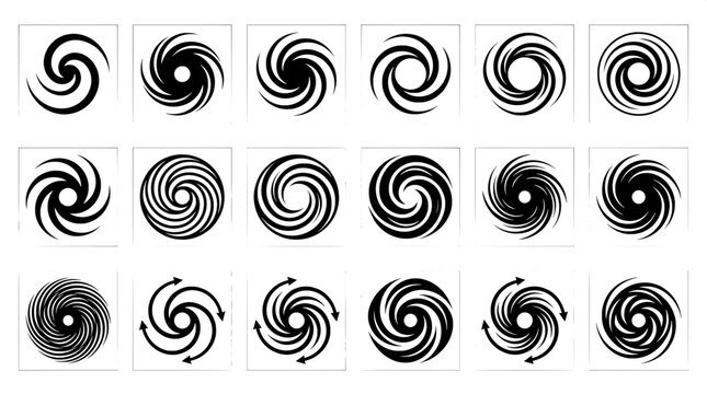 Set of black and white circular swirl and vortex symbols for logo design with abstract rotation whirlpool hurricane movement