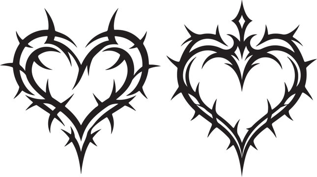 Two black tribal heart shapes with sharp thorns isolated on a white background