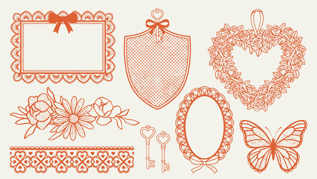 Ornate lace decorative frame and motif illustrations with oval shield square hexagon circle heart butterfly and floral designs on beige background