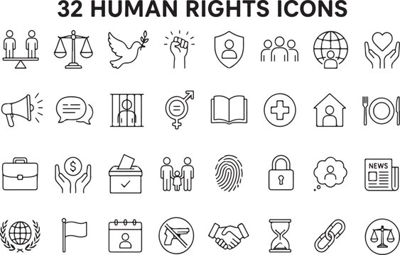Set of thirty two simple black line icons representing various human rights