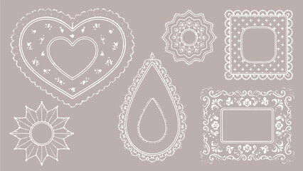 Ornate lace decorative frame illustrations with heart teardrop sunburst circle and rectangular designs on mauve background © Abdul Waheed Studio