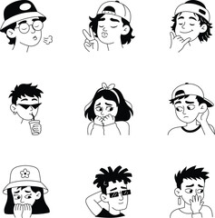 Fototapeta premium Collection of relaxed, peaceful, dreamy, chill, scared, awkward, timid, bashful, surprised facial expression glyph icons with expressive character portraits. 