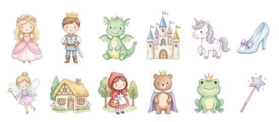 Cute fairytale characters and magical fantasy elements in pastel watercolor style. Collection of Vector illustrations for invitation, card, poster, banner, decoration  © maria