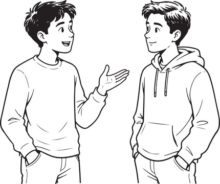 Two young men talking and standing together in a friendly casual conversation