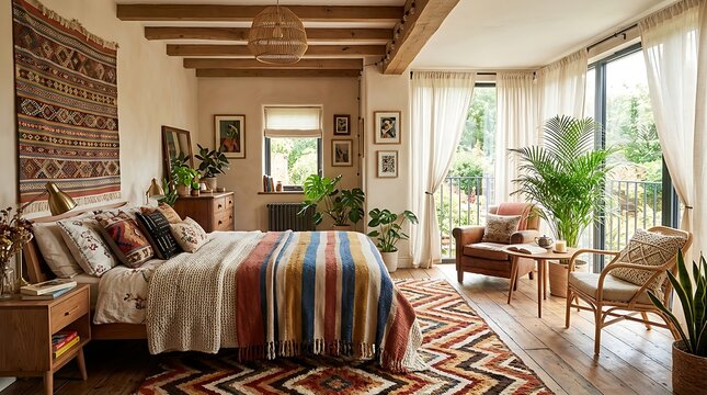 Bohemian style bedroom with colorful textiles and plants