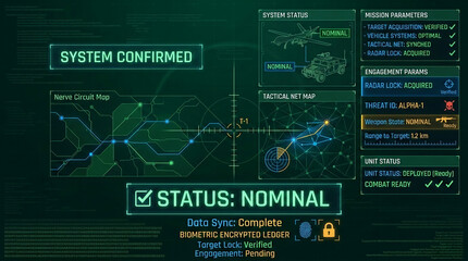 Obraz premium Digital interface displaying system status, mission parameters, and tactical map with drone and vehicle icons, symbolizing command and control.