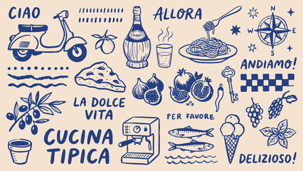 Blue Italian culture illustrations of food travel and lifestyle symbols including scooter pizza spaghetti wine coffee and text phrases la dolce vita and ciao on beige background © Abdul Waheed Studio