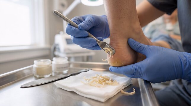 Podiatrist using steel curette to scrape dead skin callus from patient heel in medical office with podiatry treatment pedicure professional dermatology procedure