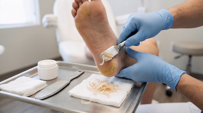 Medical podiatry procedure removing thick dead skin callus from heel with metal curette podiatry treatment pedicure professional dermatology procedure wellness