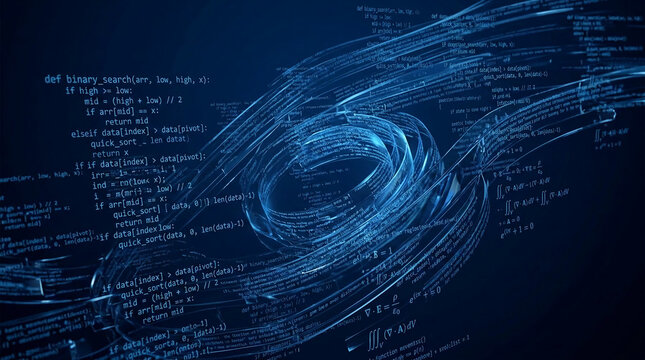 Abstract blue code and formulas swirl in a vortex, symbolizing complex algorithms, data flow, and digital information, perfect for technology or science concepts