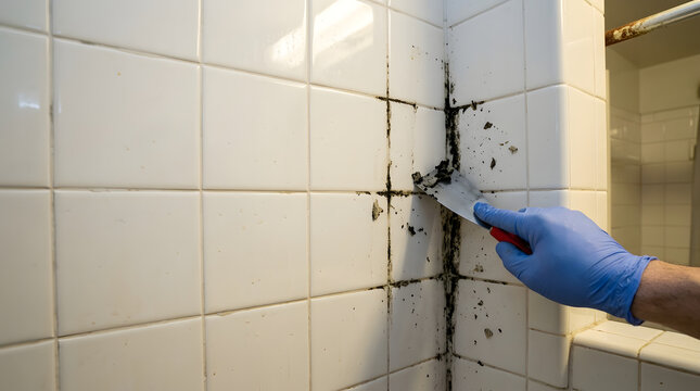 Cleaning Mold from White Tile Wall with Hand Scraper in Bathroom