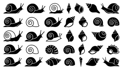 Snail and Marine Gastropod Shell Silhouette Vector Icon Set Featuring Various Garden Snails Seashells and Conch Shapes for Nature Designs © Hosneara