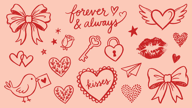 Red romantic line art illustrations of hearts bows rose key lock lips stars and bird with envelope featuring text forever and always and kisses on pink background
