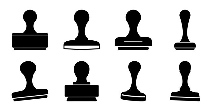 Black vintage rubber stamps set - Eight classic black rubber stamps arranged neatly in two rows, ideal for vintage or official document designs.