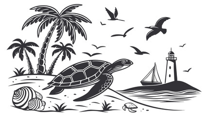 Cute Sea Turtle Resting on a Sandy Beach Cartoon Vector Illustration with Marine Ocean Life Shell Tropical Fish Nature Wildlife Design Logo and Tattoo Style © Mdalaminislam