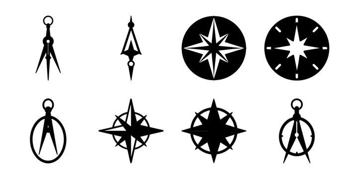 Minimalist compass and navigation symbols set - Sleek black and white vector icons of compasses, arrows, and directional symbols for maps and travel designs.
