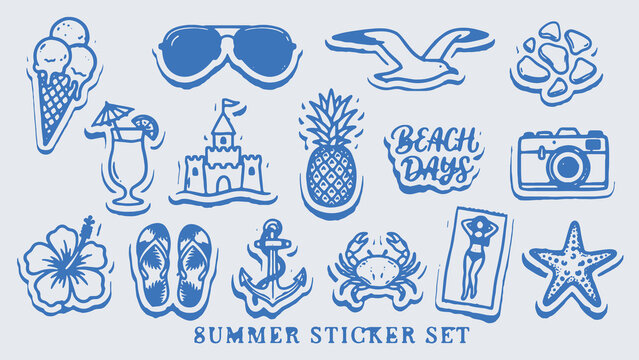 Blue and white summer sticker illustrations of beach vacation symbols including ice cream sunglasses seagull tropical drink sandcastle pineapple and starfish with text beach days