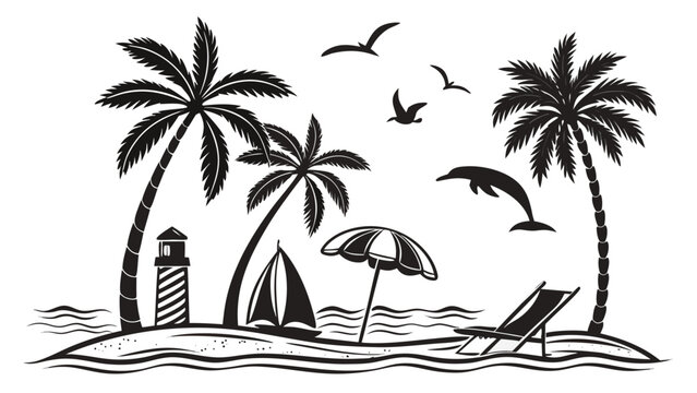 Tropical Palm Tree Silhouette on Sandy Beach at Sunset with Ocean Waves Summer Island Paradise Vector Landscape Illustration for Travel and Vacation Design