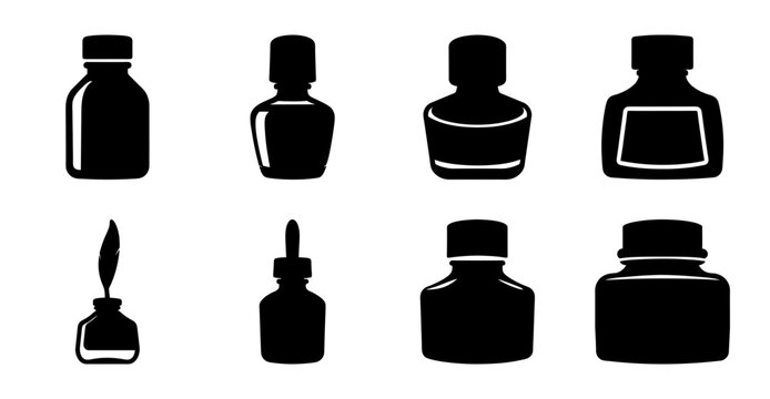Black ink bottles and dip pen icon set - Minimalist vector icons of ink bottles, pens, and calligraphy tools in black and white style for stationery and design projects.