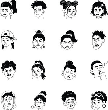 Collection of glyph emotion face icons featuring sadness, anger, fatigue, heartbreak, burnout, and lovesick expressions with diverse male and female characters. 