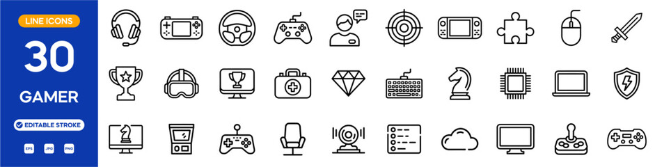 Gamer Line Icon Set. Gaming and esports outline icons: headset, game controller, joystick, console, keyboard, mouse, trophy, target, monitor, shield, processor, and more. Editable stroke. Vector illus © Hikmat Studios