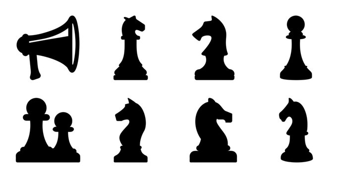 Chess pieces icon set with megaphone symbol - Black and white chess pieces icon set featuring a megaphone symbol for emphasis or announcement themes.