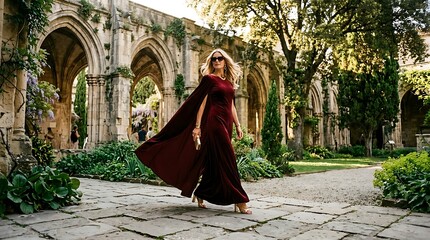 Naklejka premium Elegant woman in a long velvet dress walking through ancient ruins