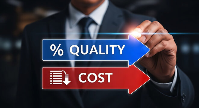 Businessman drawing arrows for high quality and low cost efficiency in business