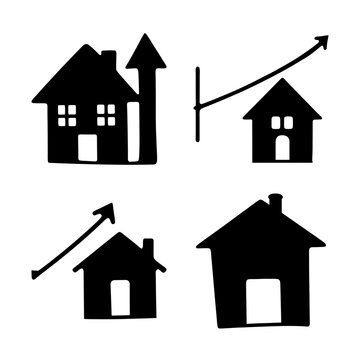 House price increase and decrease icons - Simple black and white vector icons showing rising and falling house prices with upward and downward arrows.