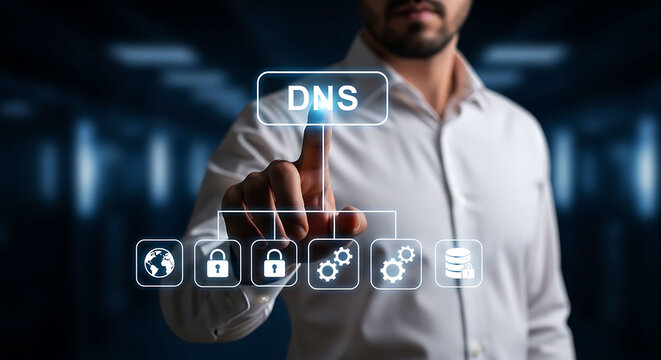 Businessman touching DNS icon on virtual screen for domain name system network