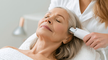 Fototapeta premium Senior woman enjoying noninvasive facial treatment in modern beauty clinic