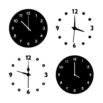 Four black and white analog clocks collection - Minimalist set of four analog clocks with black and white design, perfect for digital and print use.