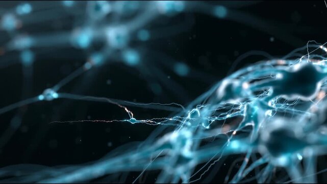 Glowing blue neural network cells with connections on dark background