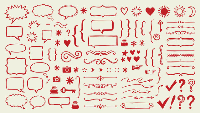 Hand drawn red decorative elements including speech bubbles arrows hearts stars and vintage icons arranged on beige background for creative design projects